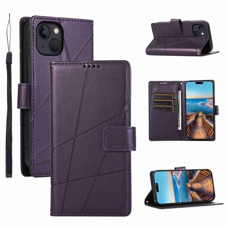

For iPhone 13 PU Genuine Leather Texture Embossed Line Phone Case(Purple)