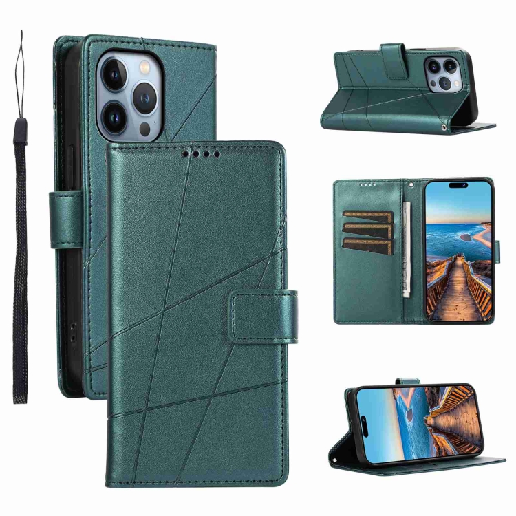

For iPhone 13 Pro PU Genuine Leather Texture Embossed Line Phone Case(Green)