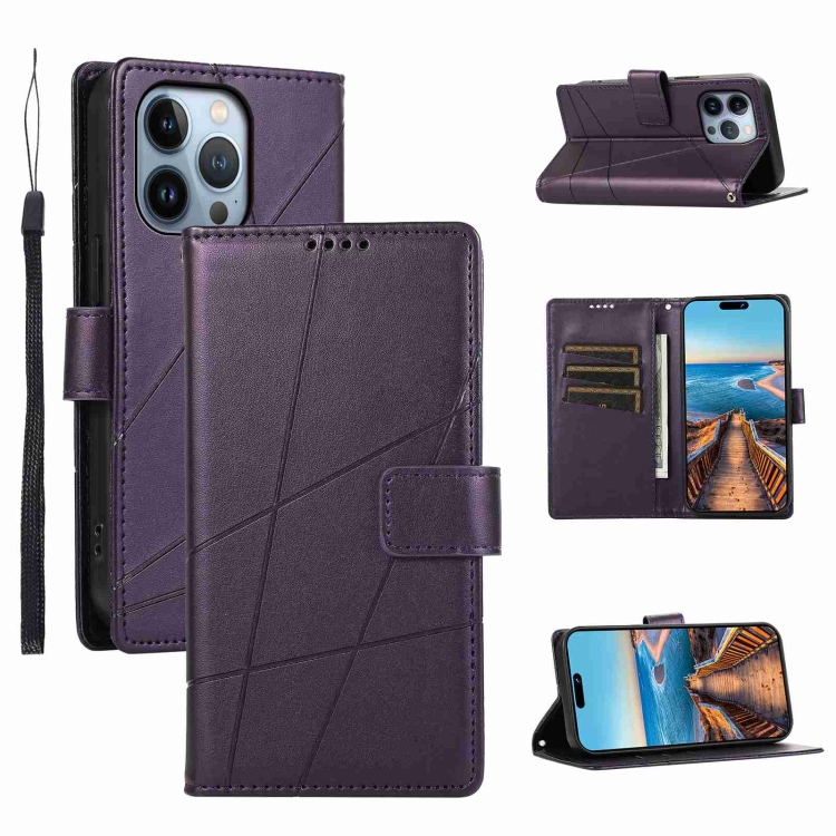 

For iPhone 13 Pro Max PU Genuine Leather Texture Embossed Line Phone Case(Purple)
