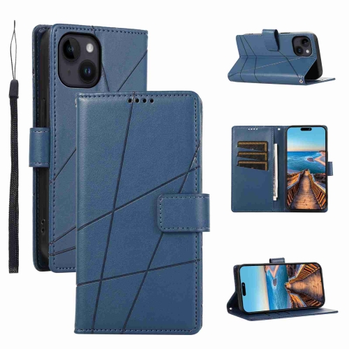 

For iPhone 14 PU Genuine Leather Texture Embossed Line Phone Case(Blue)