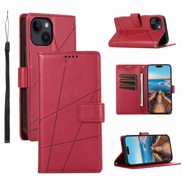 

For iPhone 14 PU Genuine Leather Texture Embossed Line Phone Case(Red)