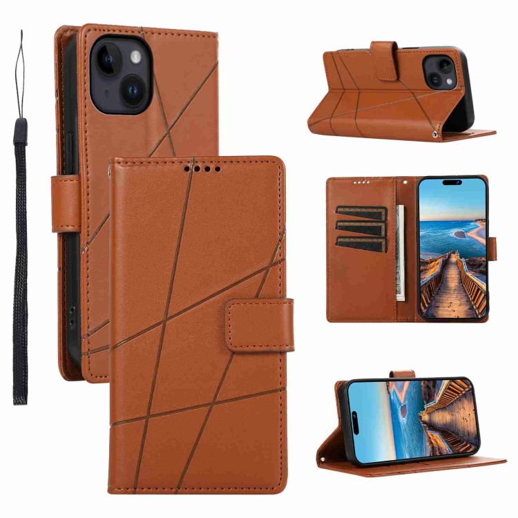 

For iPhone 14 PU Genuine Leather Texture Embossed Line Phone Case(Brown)