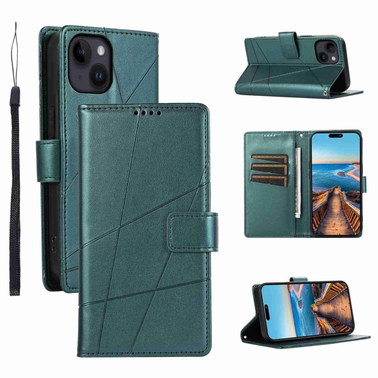 

For iPhone 14 PU Genuine Leather Texture Embossed Line Phone Case(Green)
