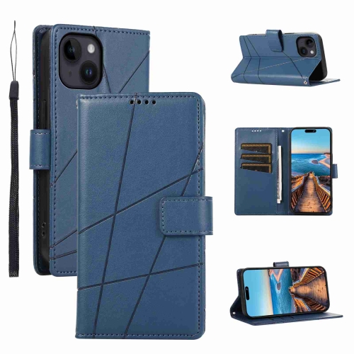 

For iPhone 14 Plus PU Genuine Leather Texture Embossed Line Phone Case(Blue)