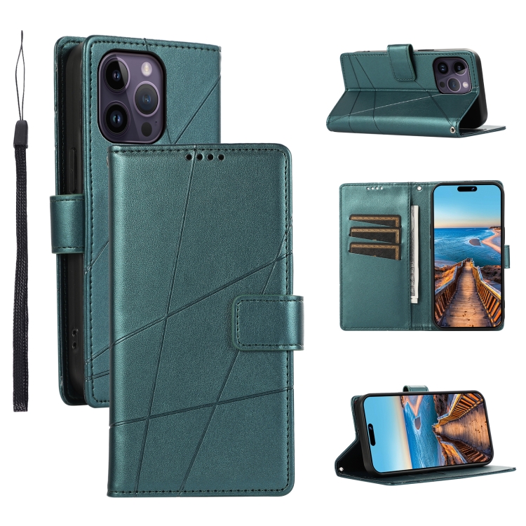 

For iPhone 14 Pro Max PU Genuine Leather Texture Embossed Line Phone Case(Green)
