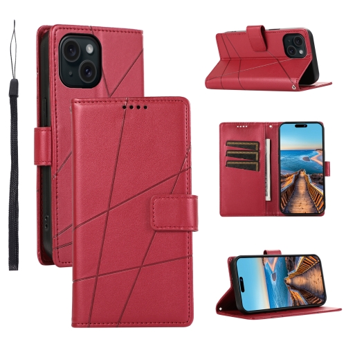 

For iPhone 15 PU Genuine Leather Texture Embossed Line Phone Case(Red)