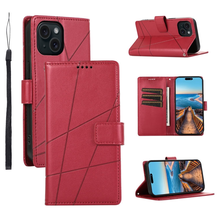 

For iPhone 15 Plus PU Genuine Leather Texture Embossed Line Phone Case(Red)