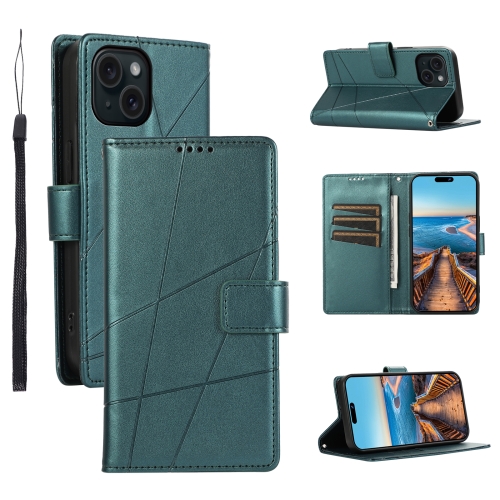 

For iPhone 15 Plus PU Genuine Leather Texture Embossed Line Phone Case(Green)