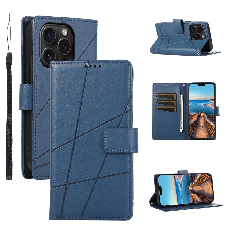 

For iPhone 15 Pro Max PU Genuine Leather Texture Embossed Line Phone Case(Blue)