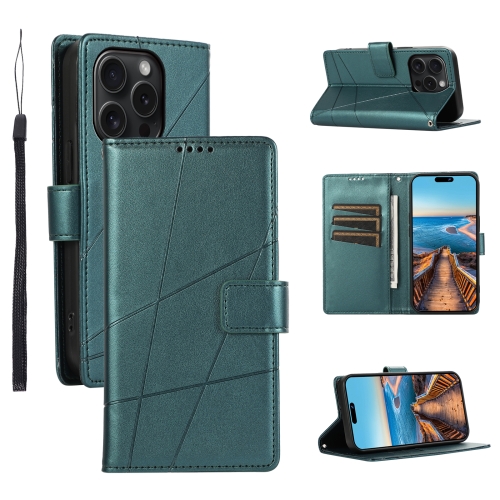 

For iPhone 15 Pro Max PU Genuine Leather Texture Embossed Line Phone Case(Green)