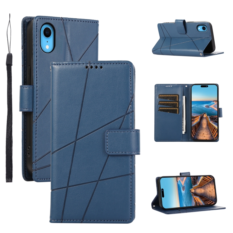 

For iPhone XR PU Genuine Leather Texture Embossed Line Phone Case(Blue)