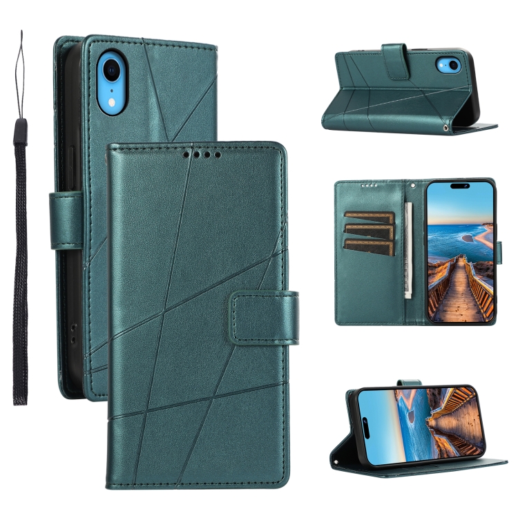 

For iPhone XR PU Genuine Leather Texture Embossed Line Phone Case(Green)