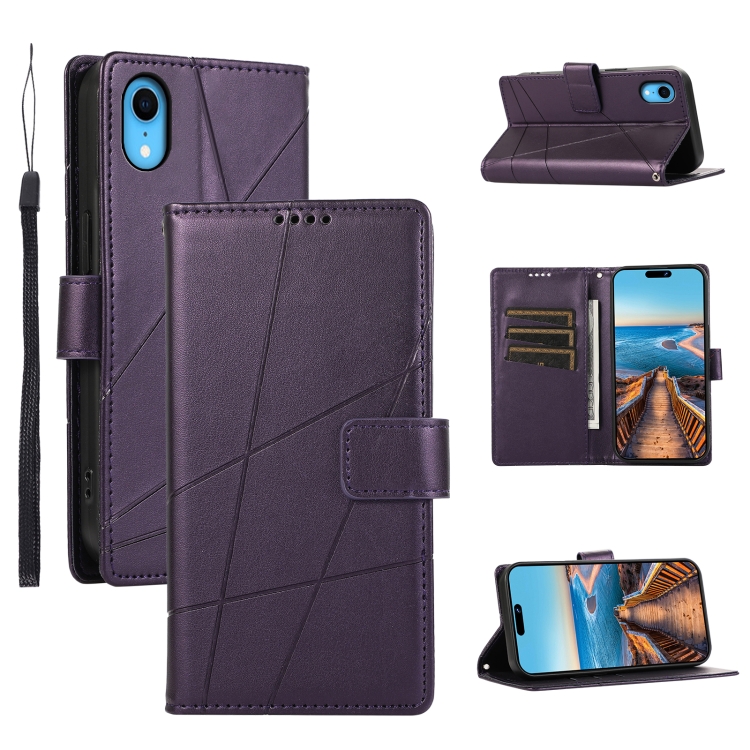

For iPhone XR PU Genuine Leather Texture Embossed Line Phone Case(Purple)