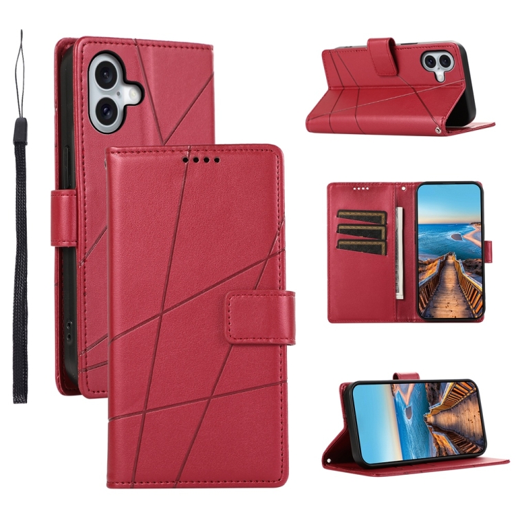

For iPhone 16 Plus PU Genuine Leather Texture Embossed Line Phone Case(Red)