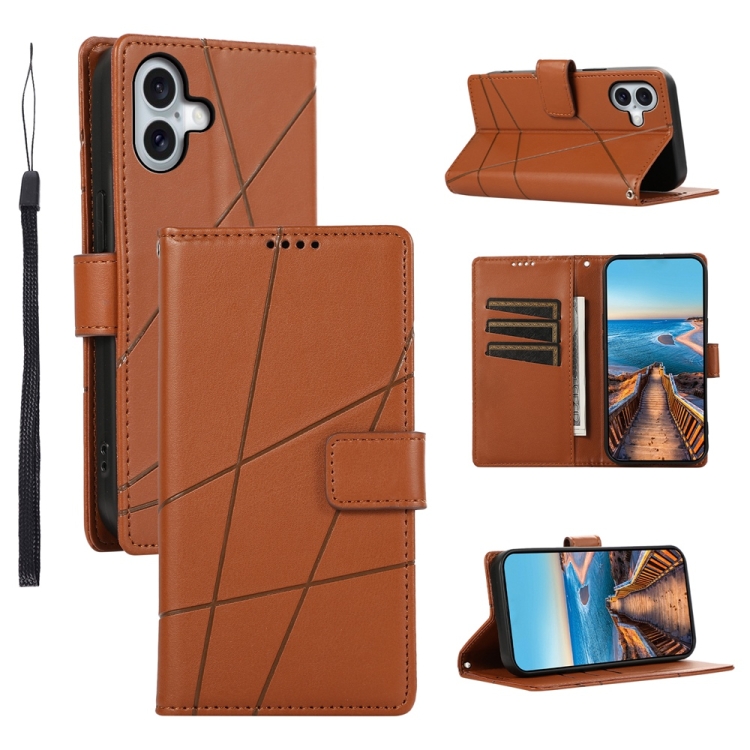 

For iPhone 16 Plus PU Genuine Leather Texture Embossed Line Phone Case(Brown)
