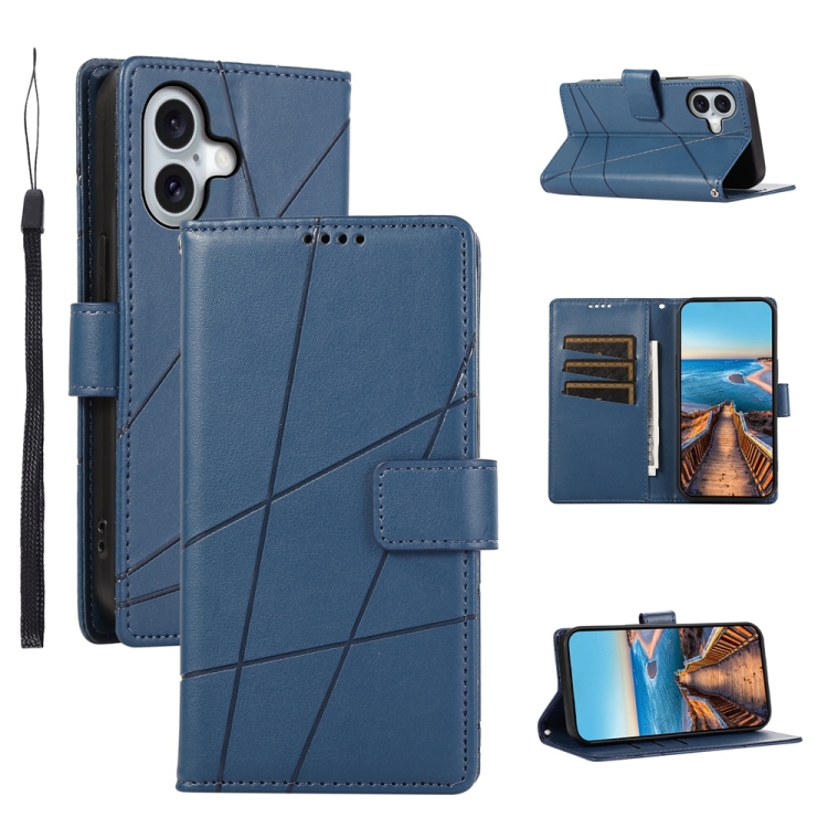 

For iPhone 16 PU Genuine Leather Texture Embossed Line Phone Case(Blue)