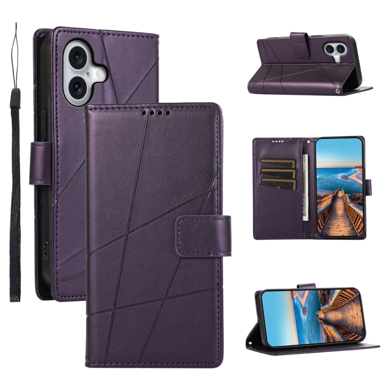 

For iPhone 16 PU Genuine Leather Texture Embossed Line Phone Case(Purple)