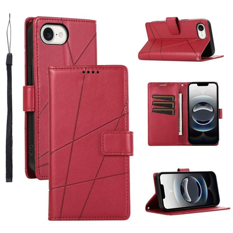 

For iPhone 16e PU Genuine Leather Texture Embossed Line Phone Case(Red)