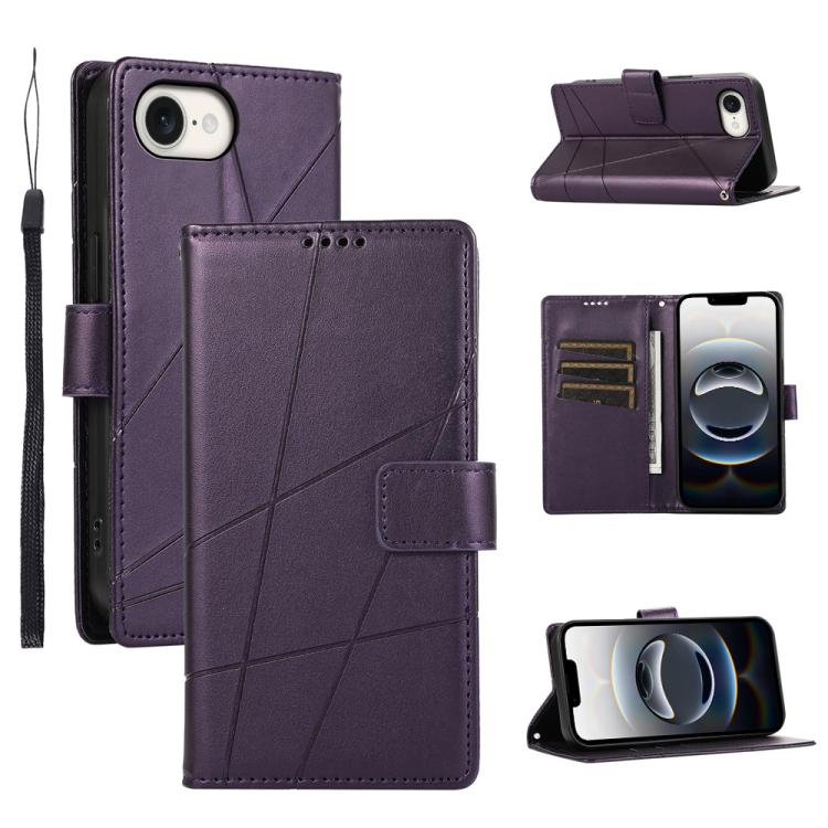 

For iPhone 16e PU Genuine Leather Texture Embossed Line Phone Case(Purple)