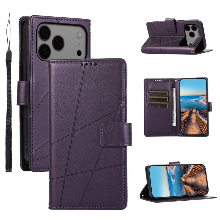 

For iPhone 17 Pro Max PU Genuine Leather Texture Embossed Line Phone Case(Purple)