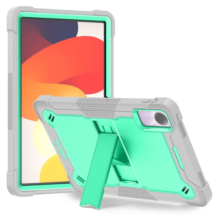 

For Xiaomi Redmi Pad SE Shockproof Silicone Hybrid PC Tablet Case with Holder(Mint Green + Grey)
