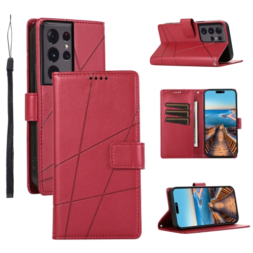 

For Samsung Galaxy S21 Ultra 5G PU Genuine Leather Texture Embossed Line Phone Case(Red)