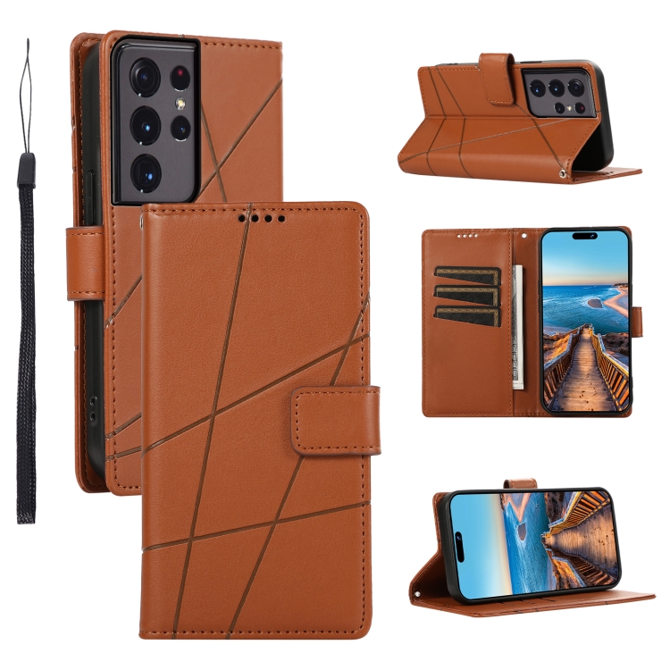 

For Samsung Galaxy S21 Ultra 5G PU Genuine Leather Texture Embossed Line Phone Case(Brown)