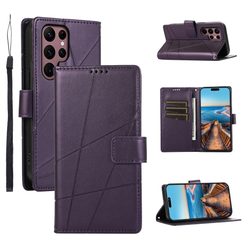

For Samsung Galaxy S22 Ultra 5G PU Genuine Leather Texture Embossed Line Phone Case(Purple)