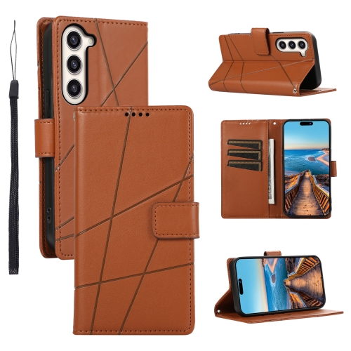 

For Samsung Galaxy S23+ 5G PU Genuine Leather Texture Embossed Line Phone Case(Brown)