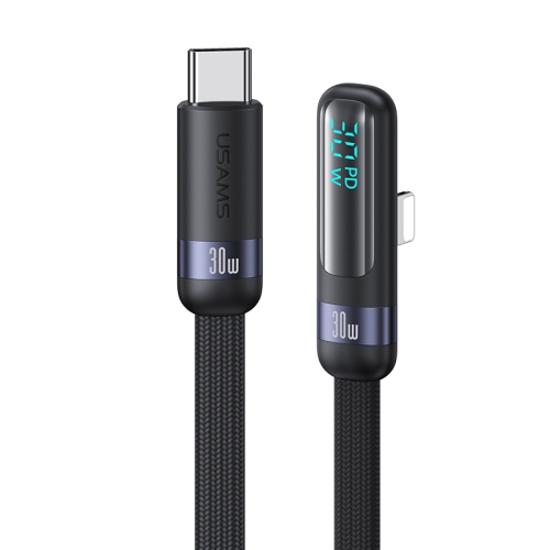 USAMS US-SJ652 PD 30W USB-C/Type-C to 8 Pin Aluminum Alloy Digital Display Fast Charging Elbow Data Cable, Length: 1.2m(Black) visual blackhead vacuum kit with charging base hd camera 6 level skin deep cleaning black spots strong vacuum suction