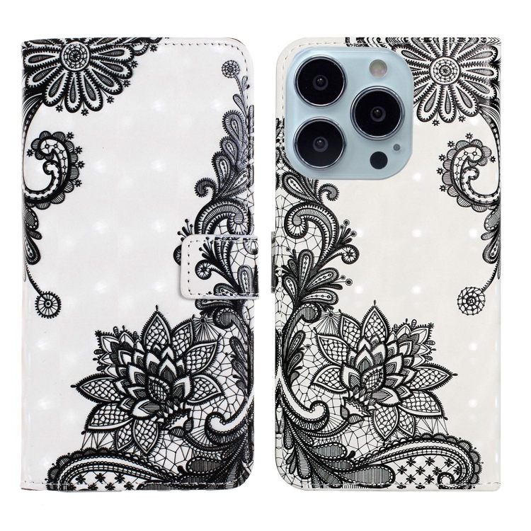 

For iPhone 15 Pro Oil Embossed 3D Drawing Leather Phone Case(Lace Flower)