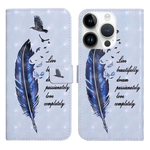 

For iPhone 15 Pro Oil Embossed 3D Drawing Leather Phone Case(Blue Feather)