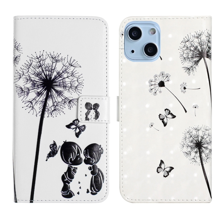 

For iPhone 15 Oil Embossed 3D Drawing Leather Phone Case(Couple Dandelion)