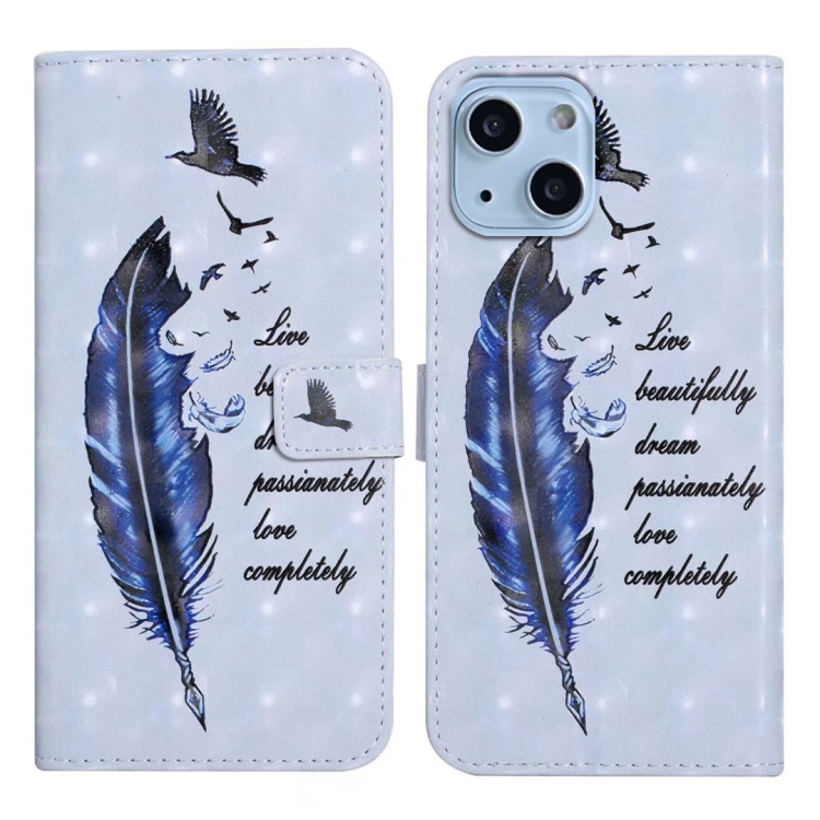 

For iPhone 15 Oil Embossed 3D Drawing Leather Phone Case(Blue Feather)