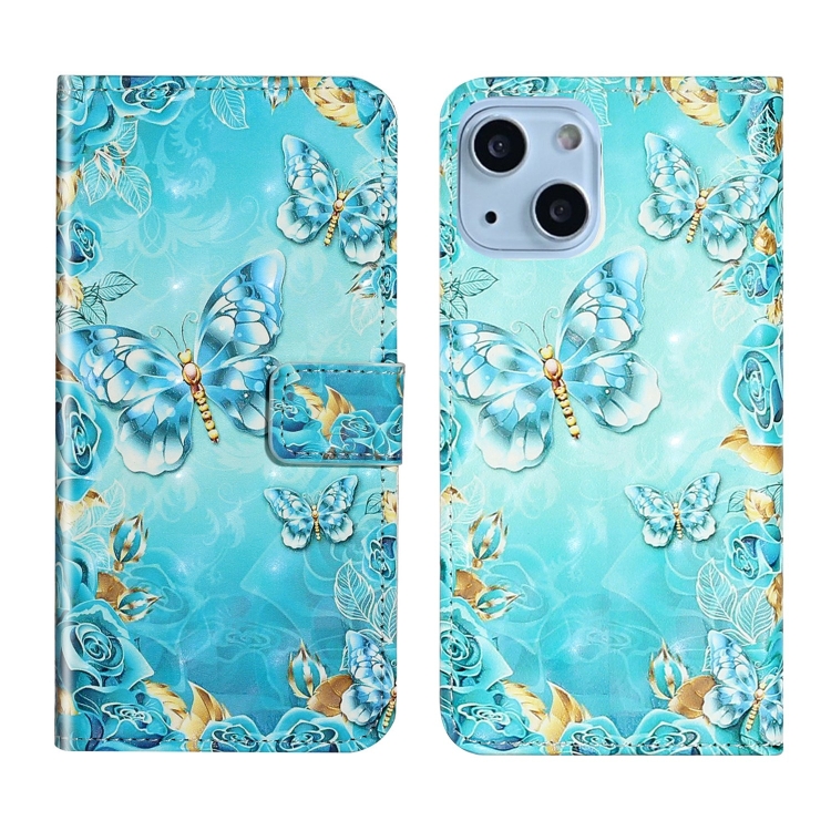 

For iPhone 13 mini Oil Embossed 3D Drawing Leather Phone Case(Blue Butterflies)