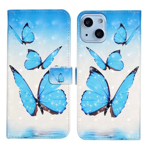 

For iPhone 13 Oil Embossed 3D Drawing Leather Phone Case(3 Butterflies)
