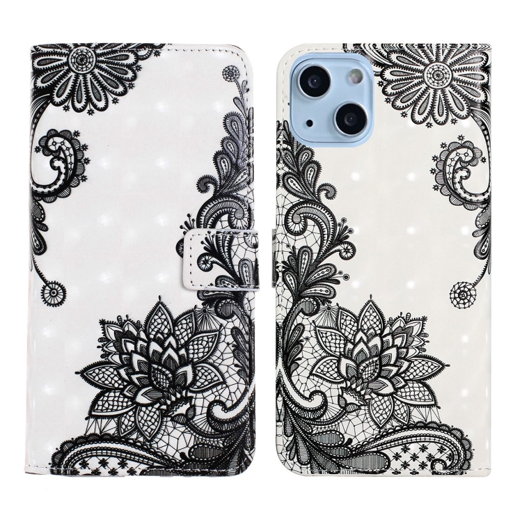 

For iPhone 13 Oil Embossed 3D Drawing Leather Phone Case(Lace Flower)