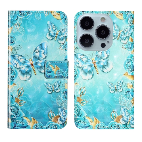 

For iPhone 13 Pro Oil Embossed 3D Drawing Leather Phone Case(Blue Butterflies)