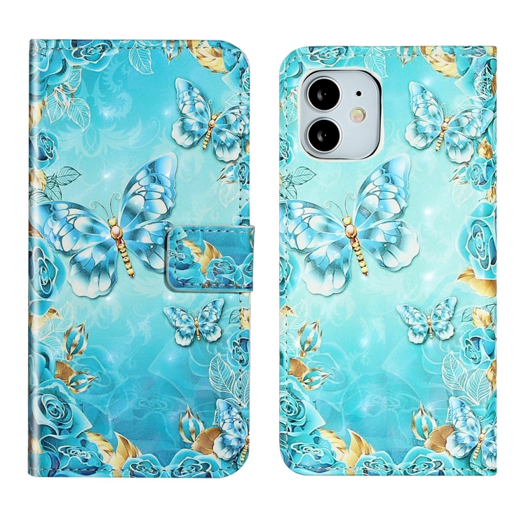 

For iPhone 11 Oil Embossed 3D Drawing Leather Phone Case(Blue Butterflies)