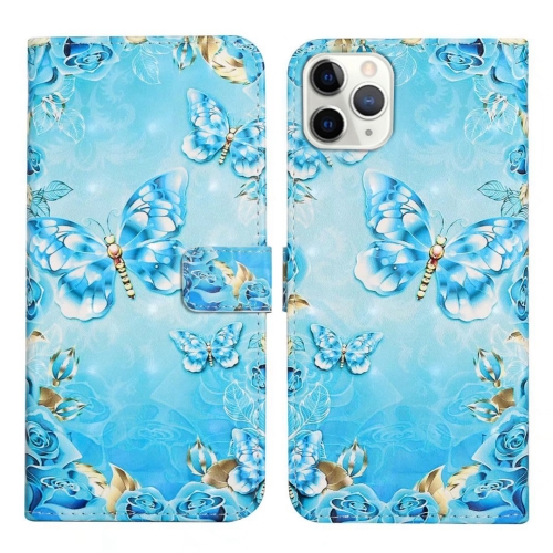 

For iPhone 11 Pro Max Oil Embossed 3D Drawing Leather Phone Case(Blue Butterflies)