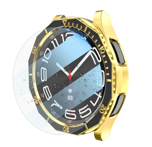 

For Samsung Galaxy Watch6 Classic 47mm R960 Electroplate PC Case + Tempered Film + Watch Bezel Ring Set(Black+Gold)