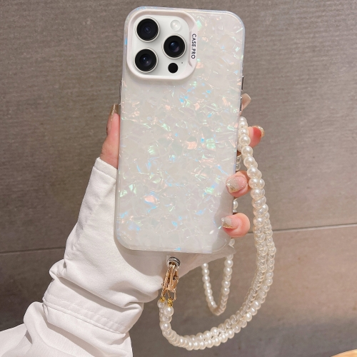 

For iPhone 14 Pro Shell Texture Crossbody Pearl Chain TPU Hybrid Acrylic Phone Case(White)