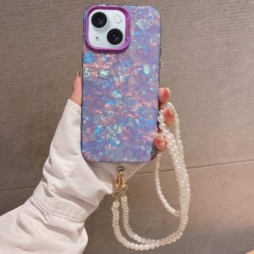 

For iPhone 13 Shell Texture Crossbody Pearl Chain TPU Hybrid Acrylic Phone Case(Purple)