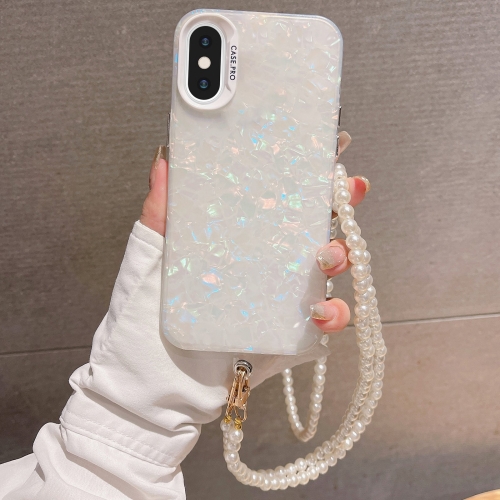 

For iPhone X / XS Shell Texture Crossbody Pearl Chain TPU Hybrid Acrylic Phone Case(White)