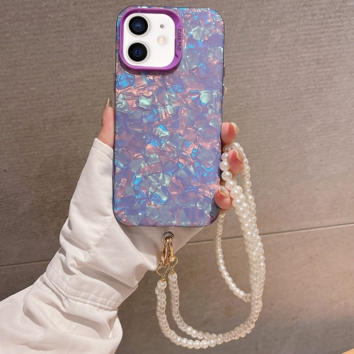

For iPhone 12 Shell Texture Crossbody Pearl Chain TPU Hybrid Acrylic Phone Case(Purple)