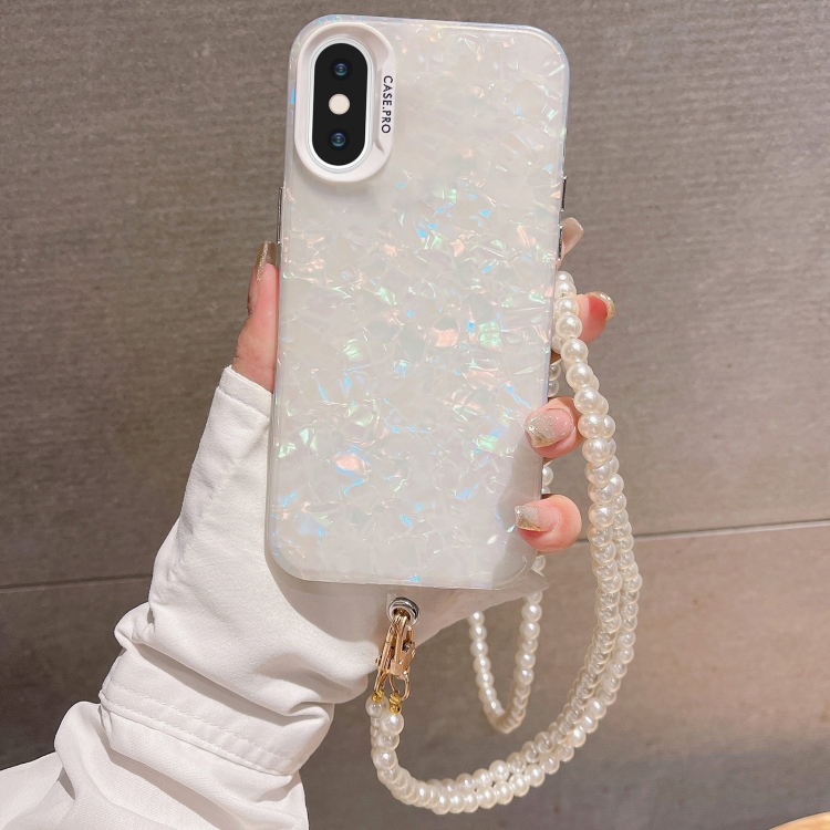

For iPhone XS Max Shell Texture Crossbody Pearl Chain TPU Hybrid Acrylic Phone Case(White)