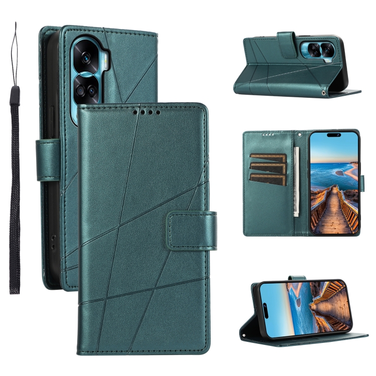 

For Honor 90 Lite PU Genuine Leather Texture Embossed Line Phone Case(Green)