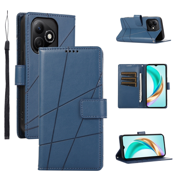 

For Honor X60i PU Genuine Leather Texture Embossed Line Phone Case(Blue)
