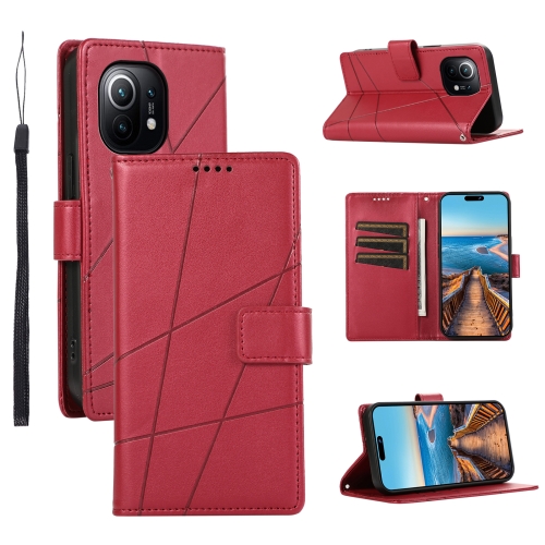 

For Xiaomi Mi 11 PU Genuine Leather Texture Embossed Line Phone Case(Red)