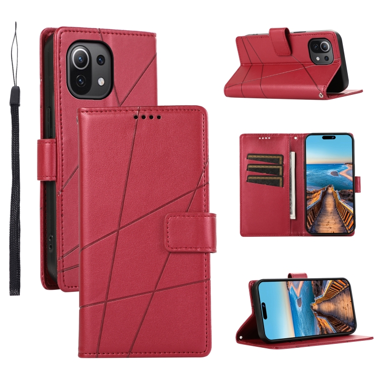

For Xiaomi Mi 11 Lite PU Genuine Leather Texture Embossed Line Phone Case(Red)